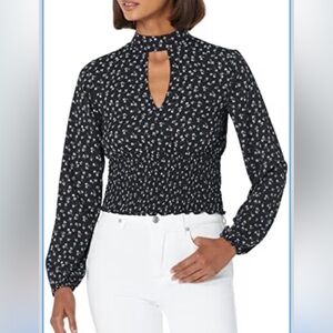 Steve Madden Black Floral Smocked-Waist Long Sleeve Blouse